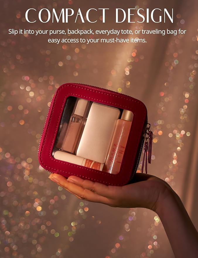 Small Clear Makeup Bag for Purse, Travel Cosmetic Case, Red, Mini | Waterproof PU Leather, Square Make Up Pouch with Zipper, Tiny Sage Green Toiletry Organizer Bag Women Car Essential Bag - Image 3