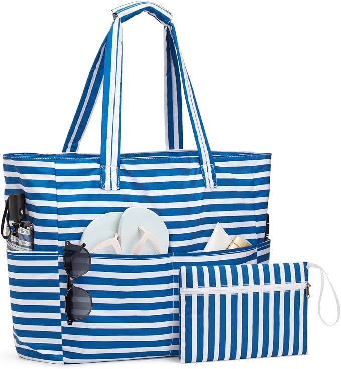 G4Free Large Beach Bag Waterproof Sandproof, Zipper Pool Tote for Women | XL Large Capacity, with Wet Compartment, Foldable Packable with A Pouch, for Swim Travel Grocery by G4Free