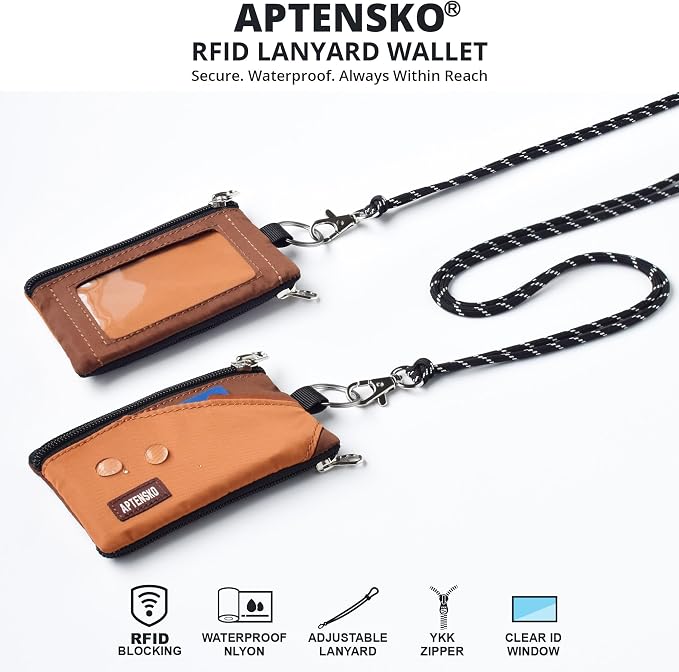 RFID Blocking Travel Wallet with Adjustable Lanyard, Small Nylon Zipper Pouch and Badge Holder for ID, Credit Cards, Cash, Keys, Commuters (Rust+Coffee) - Image 2