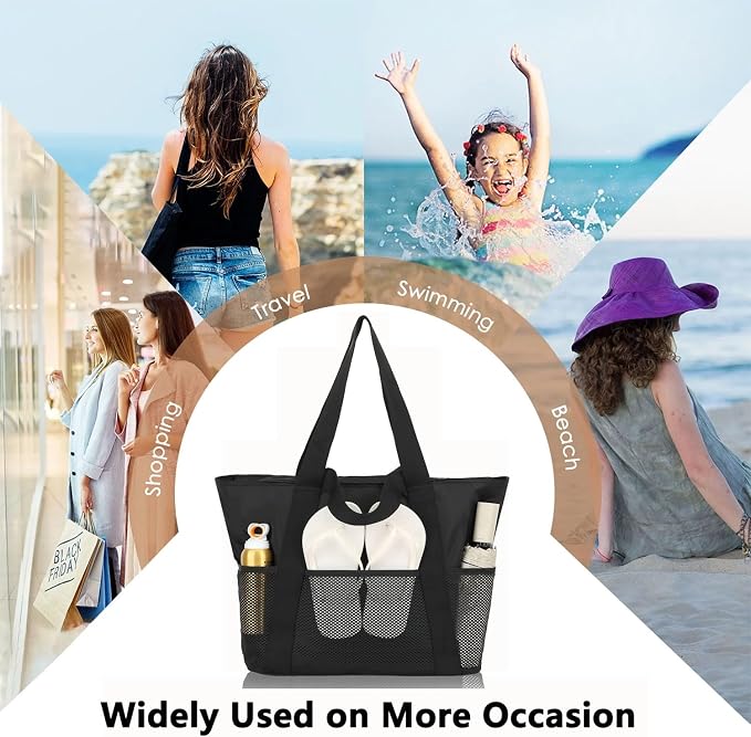 Fammart Mesh Beach Bag for Women, Large Beach Toy Pool Bag with Zipper Pocket, SandProof Cruise Essentials 2026 Family Travel - Image 8