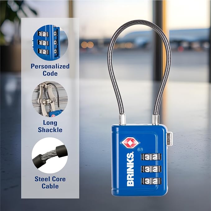 Brinks TSA Accepted Indicator Luggage Lock, Blue - Resettable 3-Dial Combination, 2.5 inch Long Cable Shackle, New More Secure TSA008 Key, 4 Pack - Image 4