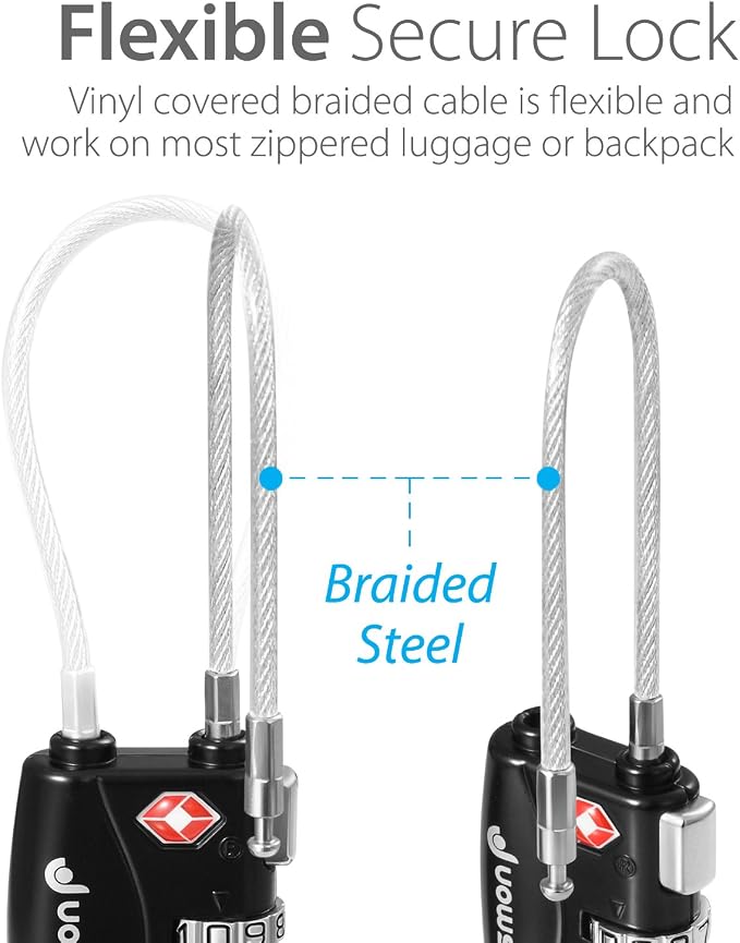 Fosmon TSA Approved Cable Luggage Locks, 3 Digit Combination, 3 Pack Black | Push Release Button, Flexible Wire Padlock for Suitcase Backpack, Gym Locker Anti Theft, Durable Alloy Body, Travel Lock - Image 3