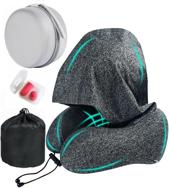 Travel Neck Pillow with Extra Large Hood Rollable Airplane Hooded Neck Pillow with Memory Foam Filling and Removable, Skin-Friendly Cover with a Carrying Case & Pouch (Cationic) by ILYISFMTY