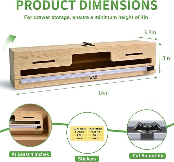 MSJGA Magnetic Plastic Wrap Dispenser with Cutter for Drawer & Refrigerator | Fridge Bamboo Organizer for Tin Foil, Baking Paper, Wax Paper Holder Kitchen Storage Box Compatible,13" x 8.2" x 2.7" - Image 3