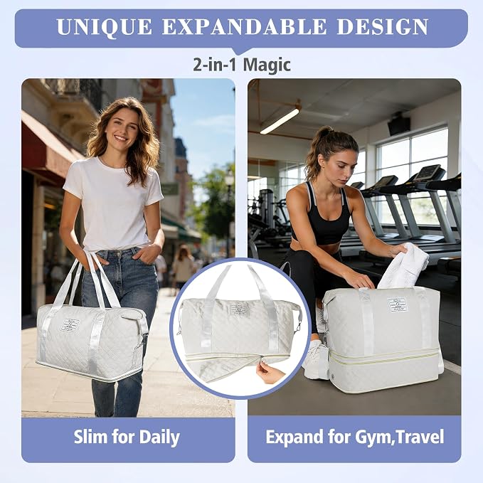 Geestock Travel Duffle Bag - Weekender Overnight Bags for Women, White | Travel Bag with Expandable Shoe Compartment & Trolley Sleeve, Lightweight Carry On Bag with Drawstring Storage Pouch for Trip - Image 6