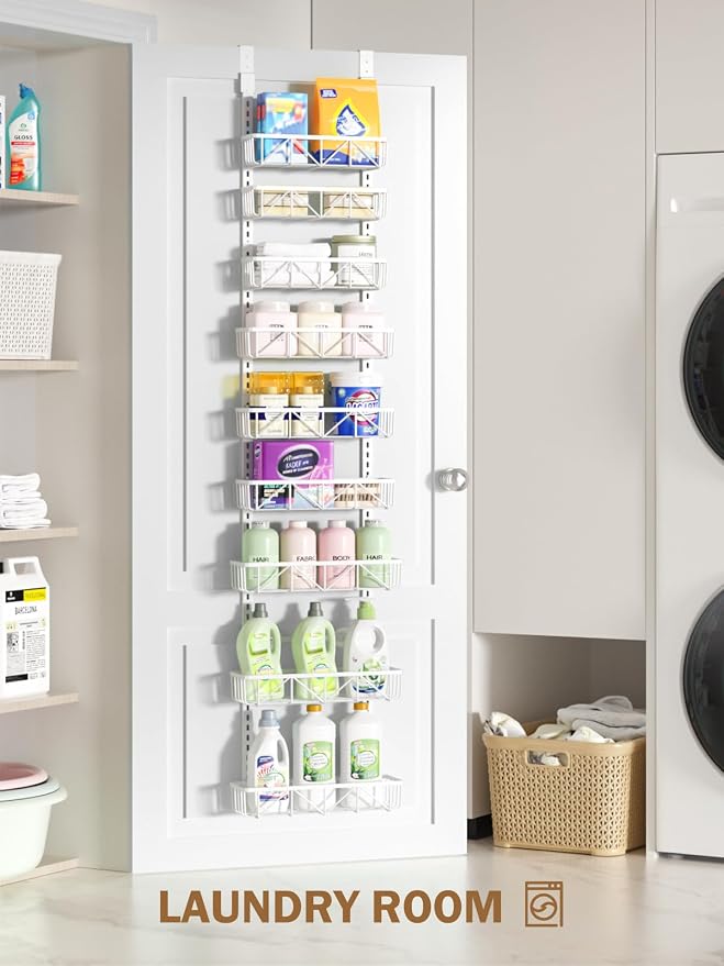 Delamu Narrow 9-Tier Over the Door Pantry Organizer, Adjustable Pantry Storage, Metal Hanging Spice Rack, Cabinet Door Organizer for Kitchen, Bathroom, Laundry Room, 12.5" White - Image 9