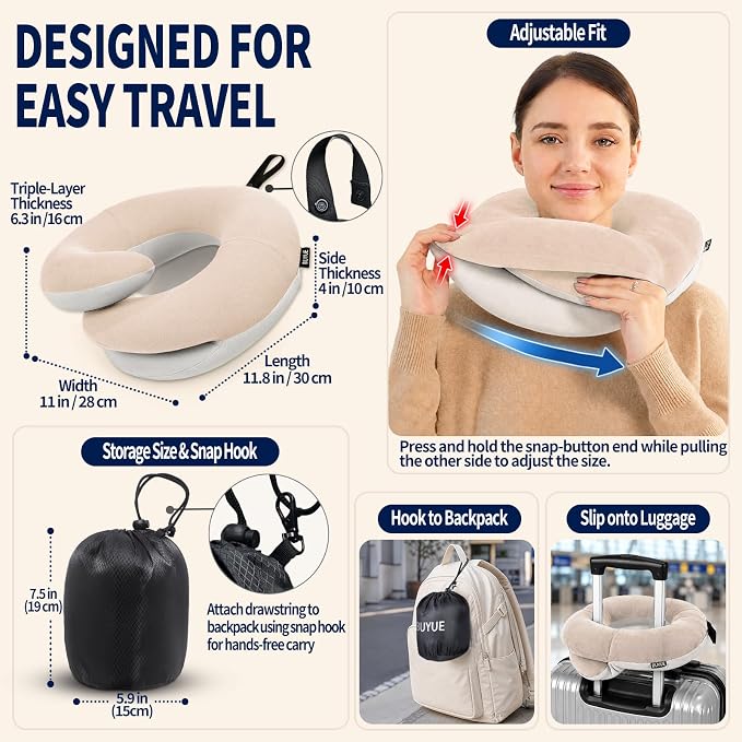 Travel Neck Pillows for Airplanes, Memory Foam 360° Head Support Sleep for Long Flight, Skin-Friendly & Breathable, Kit with Eye Mask, Earplugs and Storage Bag (Adult, Beige, 90+ lbs) - Image 5