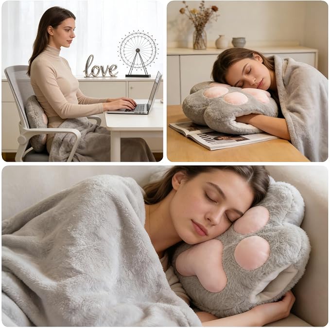 RYOLOY Cat Paw Warm Hand Pillow,with 66 * 35Inch Travel Blanket,2 in 1 Travel Pillow and Blanket Set,for Car Office Camping Essentials (Pink) - Image 5