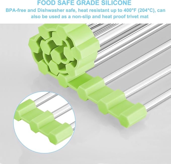 Seropy Roll Up Dish Drying Rack Over The Sink Drying Rack for Kitchen Counter, Rolling Dish Rack Over Sink Mat, Foldable Dish Drainer Stainless Steel Rack Kitchen Organization Green 17.5"x11.8" - Image 6