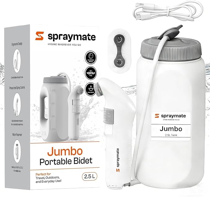 Portable Bidet for Travel & Home – Electric High Pressure Rechargeable Bidet for Women & Men | 2.5L Bottle | 1300ML/Min Flow | USB-C | 1600mAh Battery | USA Brand – Spray Mate Jumbo (White) by SprayMate