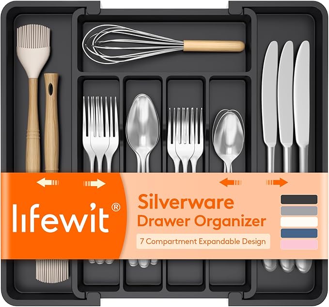 Lifewit Expandable Silverware Drawer Organizer, Kitchen Utensil Tray | BPA-free Plastic Flatware Cutlery Holder, Space-Saving Storage for Spoons Forks Knives, 8-13.8 x 11.2 x 1.4“, Black by Lifewit