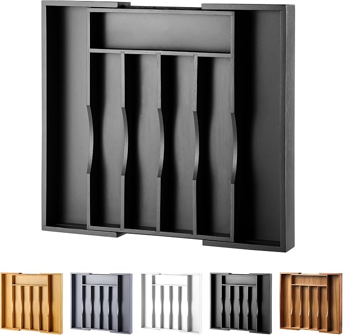 Expandable Bamboo Kitchen Drawer Organizer for Cutlery and Utensils, Adjustable Bamboo Wood Cutlery Tray in Drawer for Flatware and Silverware in Kitchen, (Black) by oridom