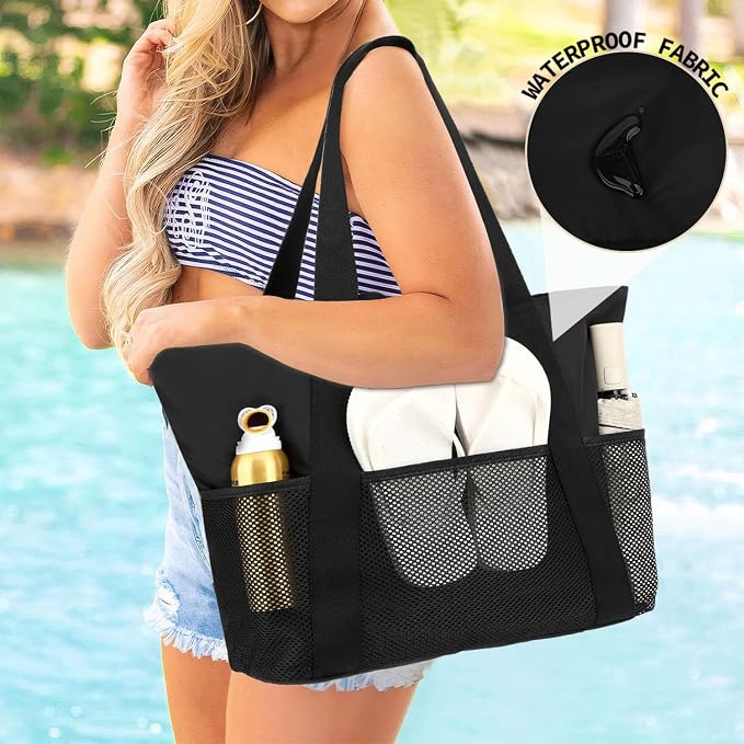 Fammart Mesh Beach Bag for Women, Large Beach Toy Pool Bag with Zipper Pocket, SandProof Cruise Essentials 2026 Family Travel - Image 3