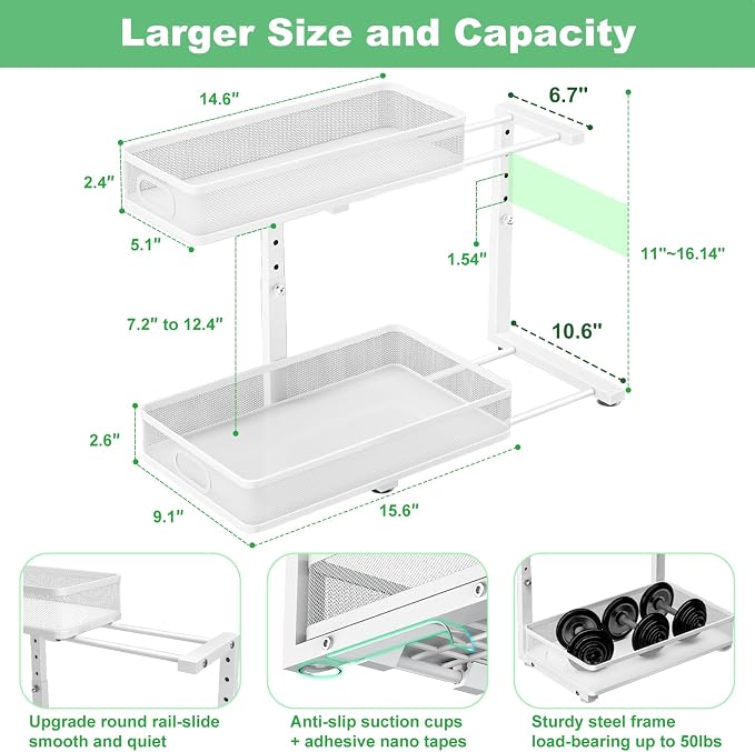 Under Sink Organizer, High Adjustable 2 Tier Under Sink Organizers and Storage, Slide out Metal Cabinet Organizers, Pull out Storage Drawer Shelf for Kitchen Bathroom Cabinet (White-1 pack) - Image 4