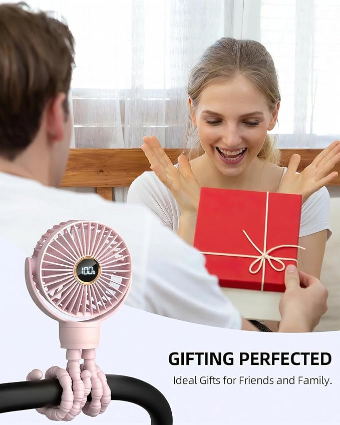 Portable Stroller Mini Fan, Small Rechargeable Personal Cooler w/ 360° Rotation, 3-Speed, Display, Battery Powered Stroller Accessories, Baby Essentials for Car Seat, Crib, Bike, Treadmill, Sakura - Image 7