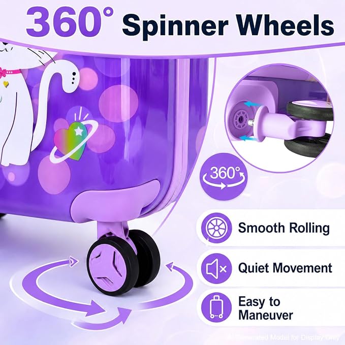 Lightweight Hardshell Spinner Suitcase Set for Kids 2PCS with Wheels - Airplane Approved Carry-On Luggage for Girls& Children Ages 3-10, Purple Cat Rolling Suitcases for Elementary Toddler Travel - Image 7