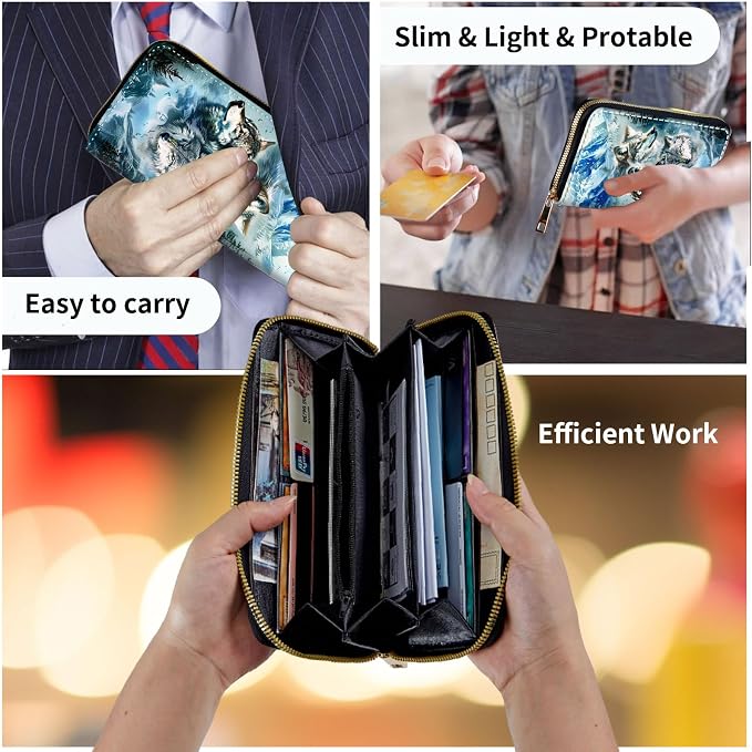 Wallet,Leather Long Wallet Suitable For Ladies And Teenagers - Detachable Wristband + RFID Travel Wallet With Card Slot - Mountain Wolf Pack - Image 7