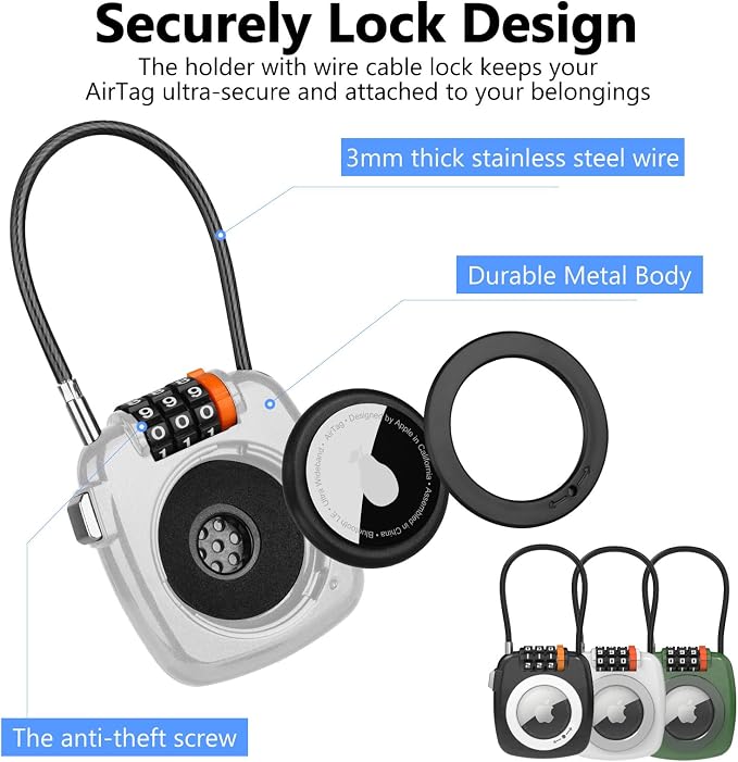 Compatible with Apple AirTag Secure Lock with Wire Cable, 3-Digit Combination Luggage Locks, Alloy Body Ultra Durable Anti-Lost Protective Case for Luggage, Bags, Suitcase, and Backpacks (WHITE) - Image 5