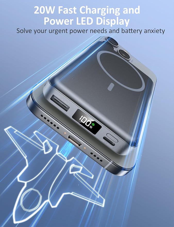 Magnetic Portable Charger 10000mAh, 20W Power Bank with Built in Cable | 20W Fast Charging for Magsafe Battery Pack with LED Display, Travel Essential for iPhone 17/16/15/14/13 Pro/Pro Max-SpaceGrey - Image 4