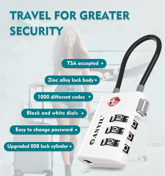 ANVIL TSA Approved Luggage Locks – High Security TSA008 Combination Travel Locks with Inspection Indicator for Suitcases and Backpacks. (2, White) - Image 5