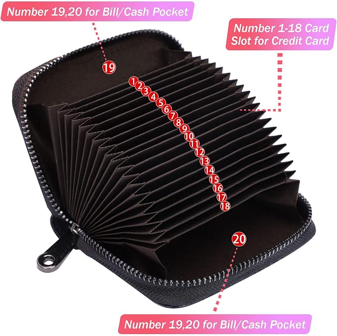 Linno RFID 20 Slots Credit Card Holder Genuine Leather Small Wallet for Women or Men with Zipper - Image 2