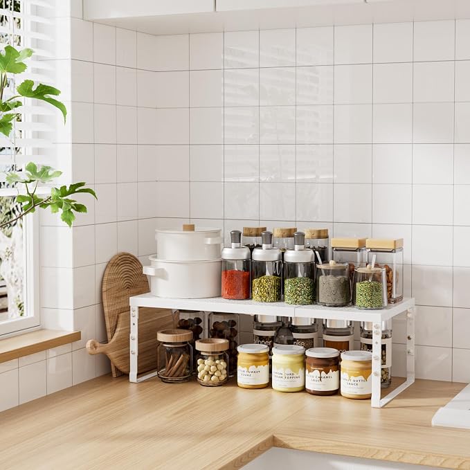 Cabinet Shelf,Expandable Adjustable Stackable Kitchen Organizer,for cabinets, Kitchens, countertops, bathrooms Shelf Organizer(1Pack/White,Large) - Image 7
