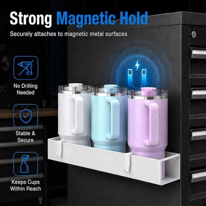 4 Pack Magnetic Cup Holder Heavy Duty, 12 Cup Capacity Water Bottle Organizer fit for Stanley Cup, Tumbler Storage Rack for Kitchen, Side of Fridge, Garage, Laundry Room, Cabinet, Pantry, RV - White - Image 3
