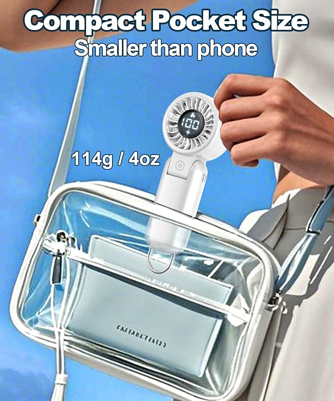 BEYYON Portable Handheld Turbo Fan, Travel Essentials, Gifts for Women/Men | LED Display, 5-Speed, Powerful Airflow, USB Rechargeable, Lanyard, Foldable Personal Fan for Cruise, Beach, Vacation - Image 6
