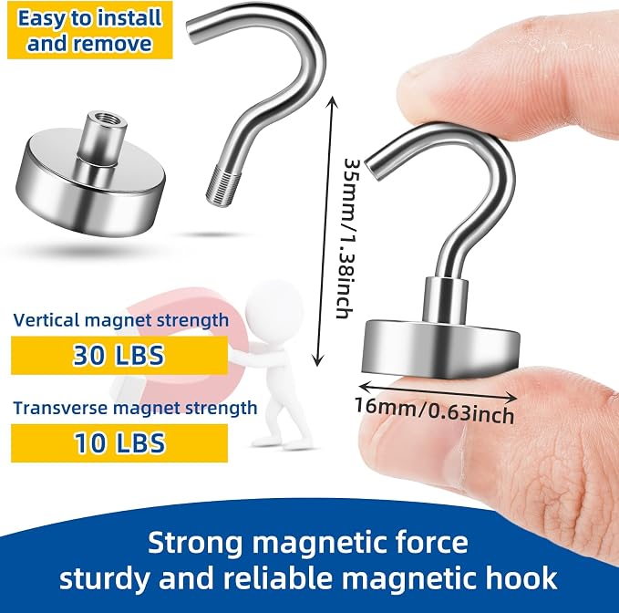 FINDMAG Strong Magnetic Hooks, 30LB+ Magnets with Hooks, 20 Pack, Silver | Heavy Duty Neodymium Magnetic Hooks for Cruise Cabins, Refrigerator, Home, Kitchen, Metal Hooks for Cruise Ship Walls - Image 7