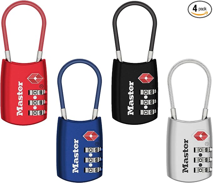 Master Lock TSA Approved Combination Luggage Lock, Assorted, 4-Pack 4688EC4 | TSA Accepted Set Your Own Combination Luggage Cable Lock For Suitcases, Backpacks, Travel and Airport Security, 3-digit Lock by Unknown