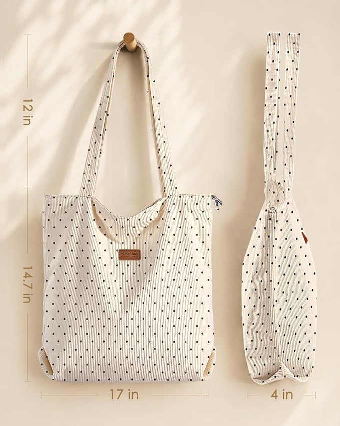 Aesthetic Corduroy Tote Bag with Zipper for Women | Reusable, Fits 14 Inch Laptop, Inner Pocket, double-sided print, Lightweight - Image 5
