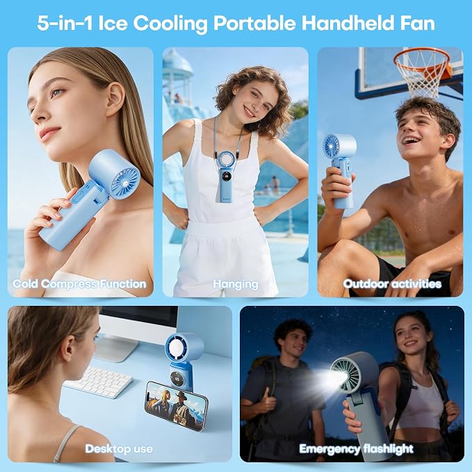 6000mAh Portable Handheld Fan with Ice Cooling, 199 Levels Stepless Speed, 20H Long Battery Life, 20000RPM Turbo Fan Rechargeable Personal Mini Fan for Travel, Outdoor, Makeup (Blue) - Image 6
