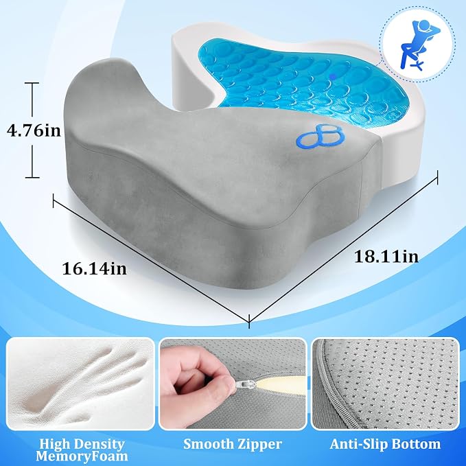 CushyOasis Seat Cushion, Gel Memory Foam Office Chair Cushions, (Light Grey) - Image 5
