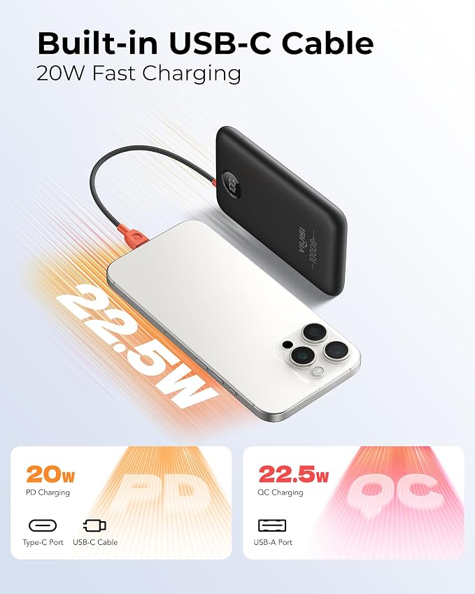 VIYISI Ultra Slim Portable Charger Small 10000mAh with Built-in USB C Cable | PD 20W Compact Power Bank Fast Charging Battery Pack, Travel Essential for iPhone 17 16 15 Samsung S25 A16 Android-Black - Image 3