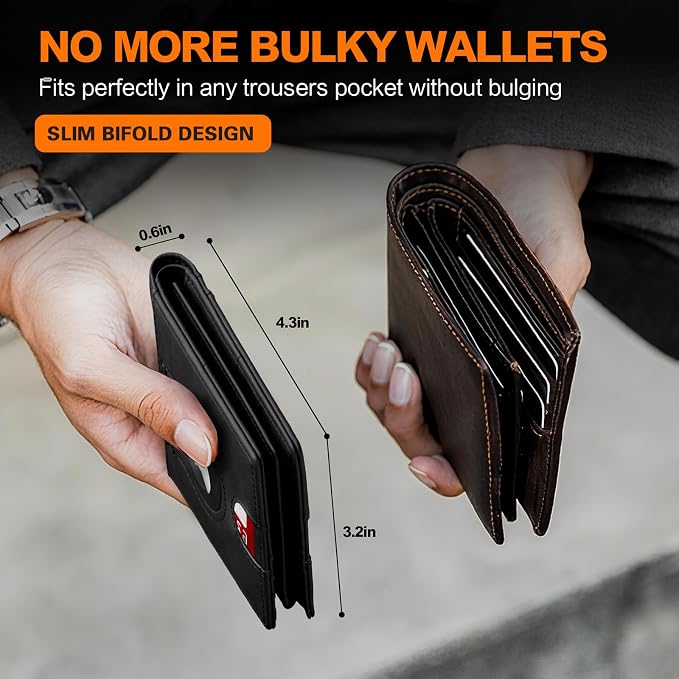 Wallet for Men Slim RFID Blocking Bifold Carbon Fiber,Minimalist Small Compact Front Pocket Credit Card Holder,Thin Mens Leather Wallets Smart Security With 2 ID windows 1 Cash (Crazy Horse Black) - Image 5