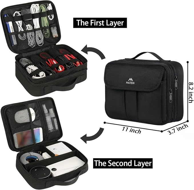 MATEIN Electronics Organizer, Waterproof Travel Electronic Case, Black | Portable Double Layer, Cable Storage Bag for Camera Accessories, Cord, Charger, Power Bank, Flash Drive, Phone, SD Card - Image 2