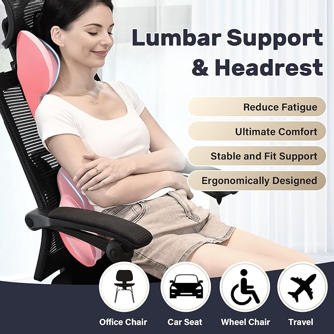 Coverado Lumbar Support and Headrest Pillow for Car, Memory Foam Ergonomic Head Neck Support Pillow for Driving Seat, Back Support and Pain Relief, Seat Cushion for Car, Driver, Office - Image 2
