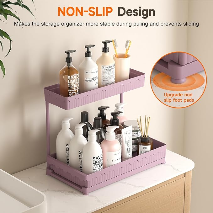 3-Pack 2-Tier L-Shaped Under Sink Organizers with Sliding Drawers | Multi-use kitchen & bathroom storage, 14.85 inch pink cabinet organizer, space-saving sliding drawer design. - Image 4