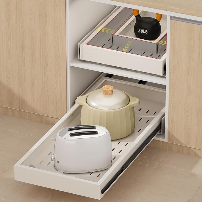 Fokyfok Pull out Cabinet Organizer,11"-17"W,25"-32"D,Expandable,Adhesive | No Drill,3 Rails,Adjustable Slide out Drawers for Kitchen,Pantry,Roll out Shelves,for Cabinets Without Lip,Bathroom,White,1PC by Fokyfok