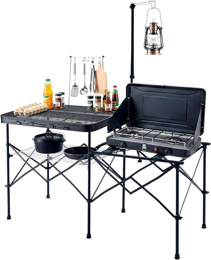 TIMBER RIDGE 56" Portable Camp Kitchen Station Folding Outdoor Grill Table | 110lbs Capacity Heat-Resistant Steel Mesh Top & Storage Shelves, Heavy Duty Picnic RV Tailgating BBQ Easy Setup by TIMBERRIDGE