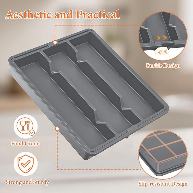 Large Expandable Silverware Drawer Organizer, Utensil Tray | Kitchen Drawer Organizer for Spoons/Forks/Knives, Multipurpose & BPA Free Cutlery Tray(2 Pack, Gray) - Image 6