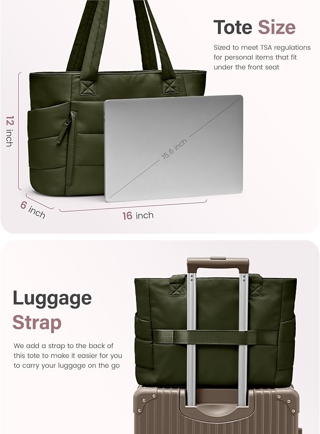 Uselike Tote Bag for Women with Zipper, Quilted Puffer Tote Bag with Compartments, Lightweight Puffy Work Bags for Women - Image 6
