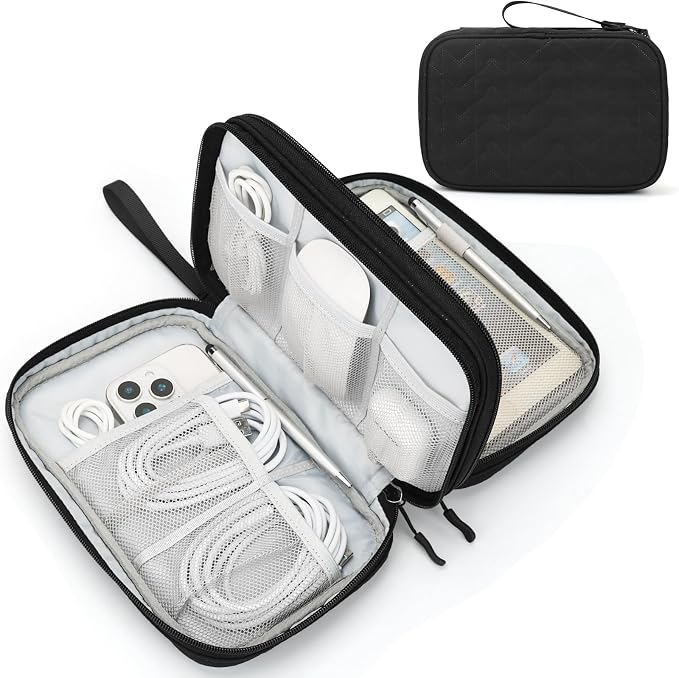 FYY Electronic Organizer, Travel Tech Pouch Bag, Large, Black Quilted | Wrist Strap, Waterproof, Double Layers Portable Electronics Travel Carrying Case for Cord, Charger, Daily Business Trips Use by FYY