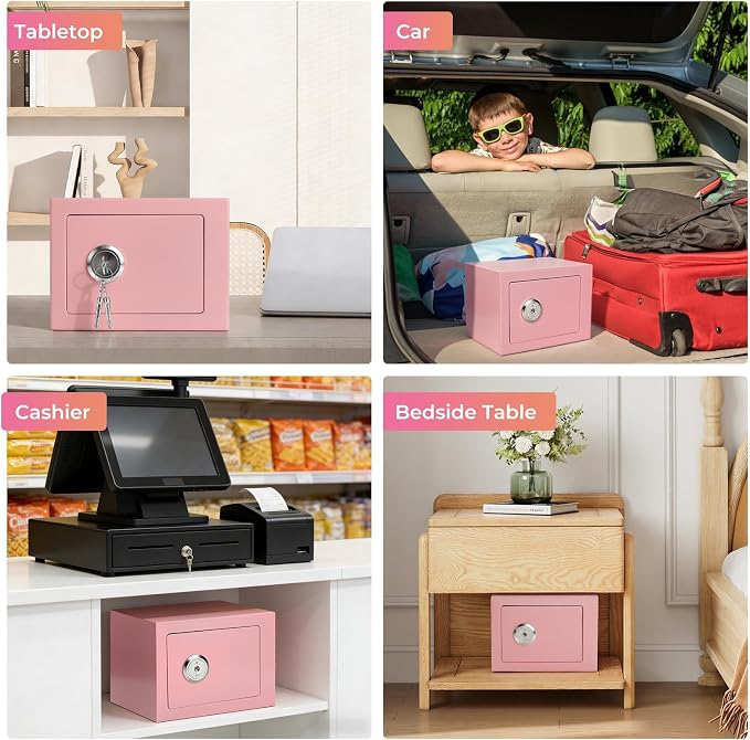 Small Safe Box for Home,Wall Safes 0.23 Cubic Feet, Heavy Duty Steel Safety Lock Box with 3 Keys for Money, Passort, Jewelry 9.06"x 6.69"x 6.69" Pink - Image 8