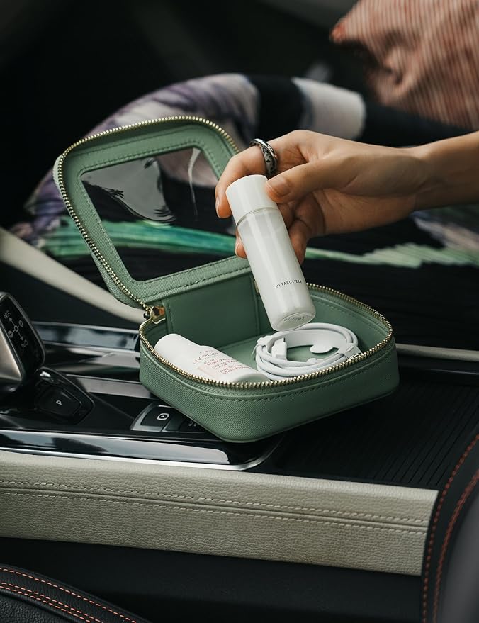 Small Clear Makeup Bag for Purse, Travel Cosmetic Case Green, Mini | Waterproof PU Leather, Square Make Up Pouch with Zipper, Tiny Sage Green Toiletry Organizer Bag Women Car Essential Bag - Image 8