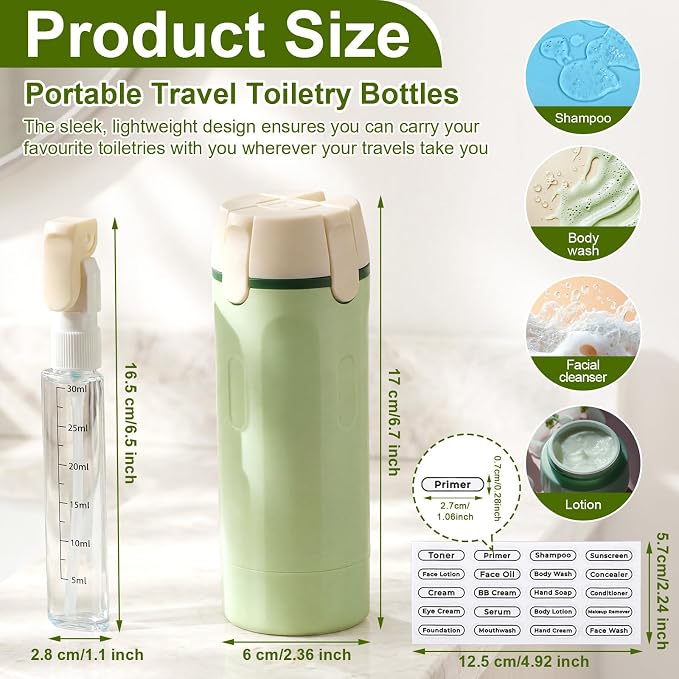 4 in 1 Travel Dispenser with 4 Pack 30ml Travel Bottles and Label Refillable & Leak Proof Portable Toiletry Containers with Locks for Shampoo Lotion Conditioner Cream(Green) - Image 2