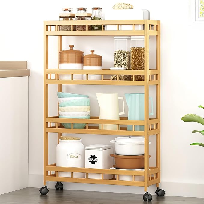 4-Tier Bamboo Utility Kitchen Rolling Cart Trolley Island Storage Shelf | (23.6" L X 7.1" W X 37.8" H) Wood Removable Multi-Layer Rack on Wheels by TIE-DailyNec