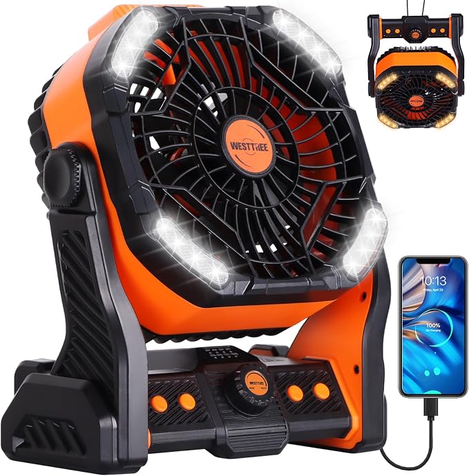 WESTTREE 20000mAh Battery powered fan Camping Fan essentials Portable fan Battery OperatedRechargeable Outdoor Tent with Light & Hook Personal USB Desk for Camping,Orange - Image 8