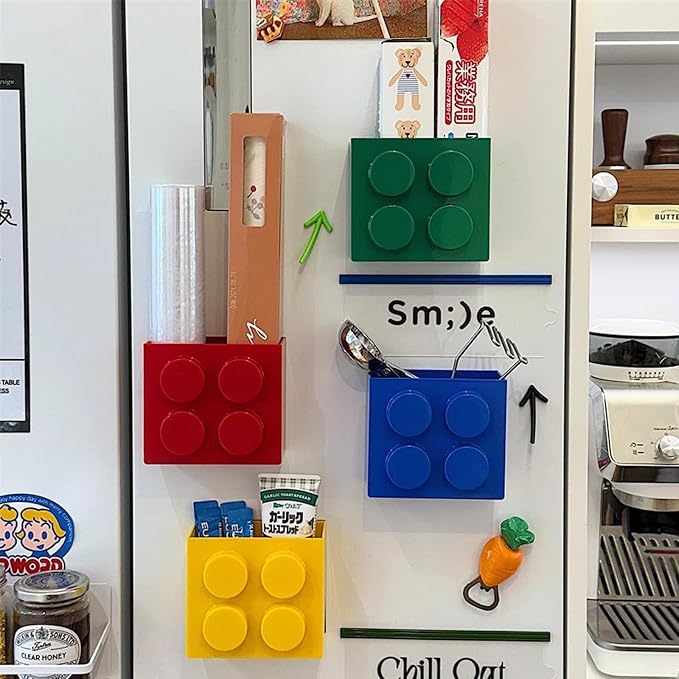 Magnetic Basket Organizer for Fridge - Lego-Style ABS Plastic Storage Box,No Drill Design for Kitchen Counter, Microwave & Whiteboard, Holds Up to 3.5 lbs (Green) - Image 3