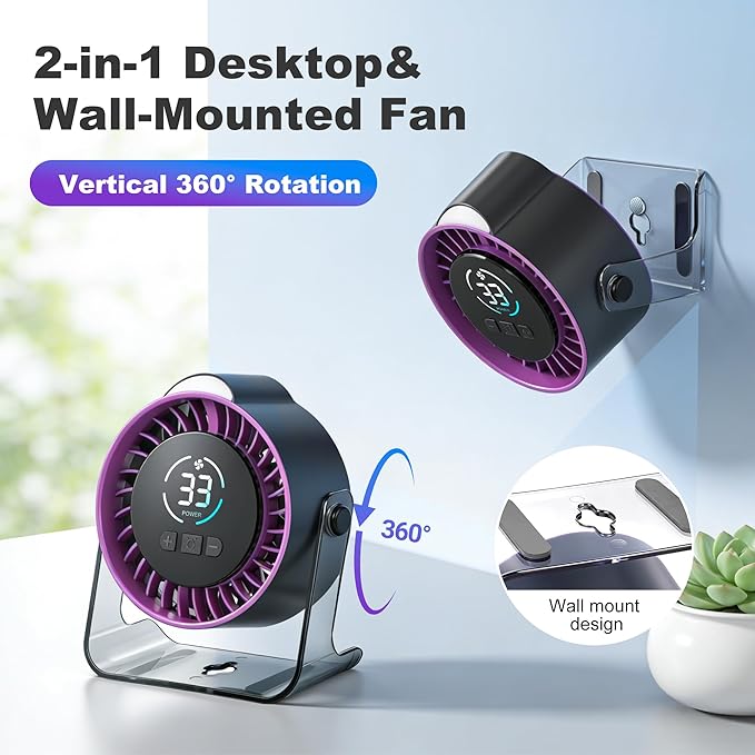 Portable Desk Fan - Rechargeable Small Fan with Night Light for Travel | 100 Speed Adjustable (Long Press) | LED Display | 7 Blades Quiet Motor | 12H Battery Life | Office & Bedroom Use - Image 6